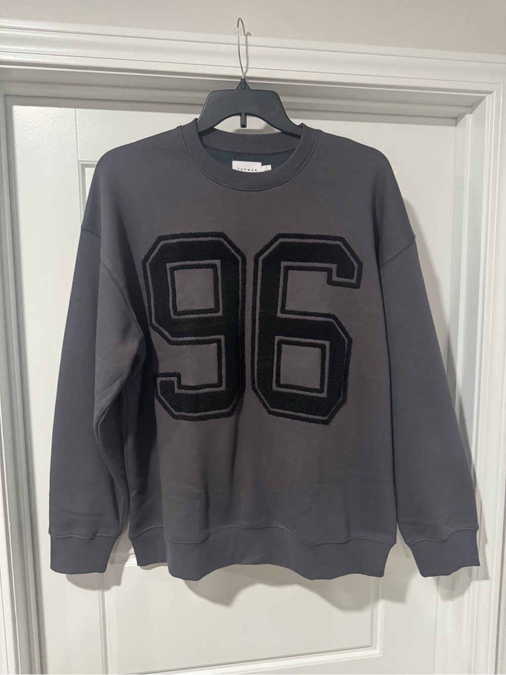 Topman Charcoal Crewneck Sweatshirt with Black '96' Applique